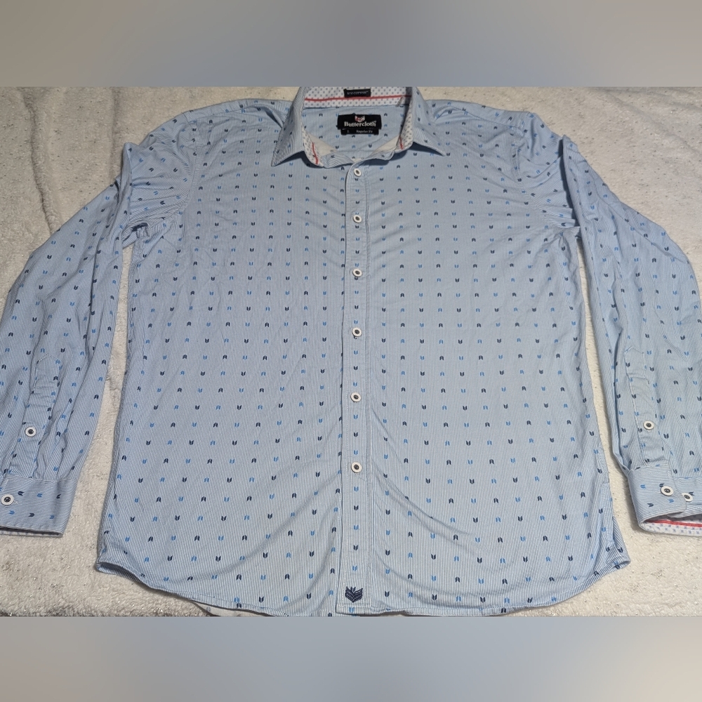 Buttercloth Large Blue Printed Stretch Button Down Shirt
